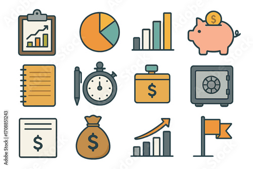 Finance and business linear icon set. featuring growth, piggy bank, safe, coin, chart, and money bag