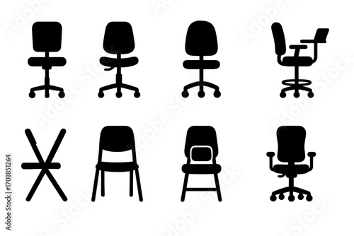 Office chairs silhouette icon set. featuring desk chair, swivel, armchair, conference, and ergonomic icons.