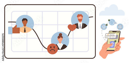 Line graph tracking emotional connections among colleagues, emotions highlighting mood, and smartphone for rating. Ideal for work culture, team analysis, feedback, emotional intelligence, HR tools
