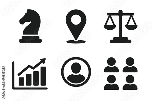 Business and strategy silhouette icon set. featuring chess knight, location, scales, growth chart, user, team symbols