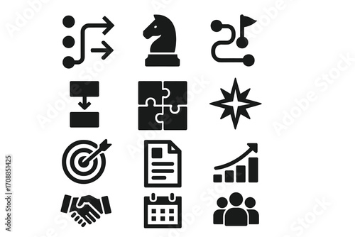 Business strategy silhouette icon set. featuring connections, chess, pathways, flowchart, puzzle pieces, star, target, document, growth, handshake, calendar, team symbols