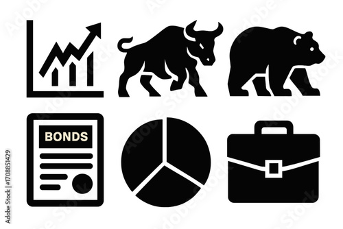 Financial market silhouette icon set. featuring chart, bull, bear, bonds, pie chart, briefcase symbols