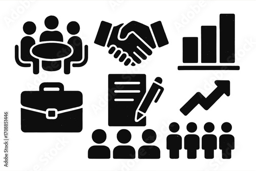 Business meeting silhouette icon set. featuring handshake, graph, briefcase, contract, teamwork, and growth symbols