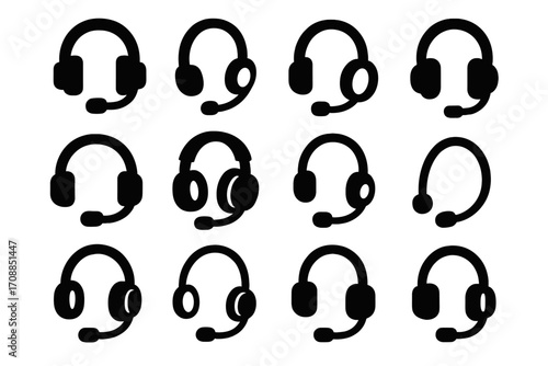Headset silhouette icons set. featuring headphones, microphones, gaming, communication, audio, music, and call symbols