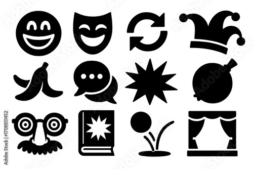 Comedy and entertainment silhouette icon set. featuring theater masks, jester, speech bubble, banana peel, and clown nose