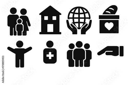 Community support silhouette icon set. featuring family, home, globe, donation box, helping hand, group, and healthcare symbols