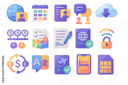 Business and communication flat icon set. featuring globe, calendar, chat, contact, cloud, time, map, document, globe, wifi, currency, translation, flight, hotel, sim.