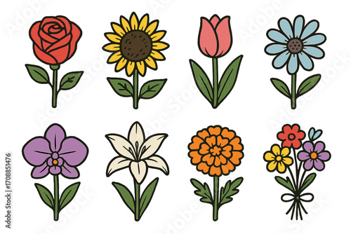 Garden flowers flat icon set. featuring rose, sunflower, tulip, daisy, orchid, lily, marigold, bouquet