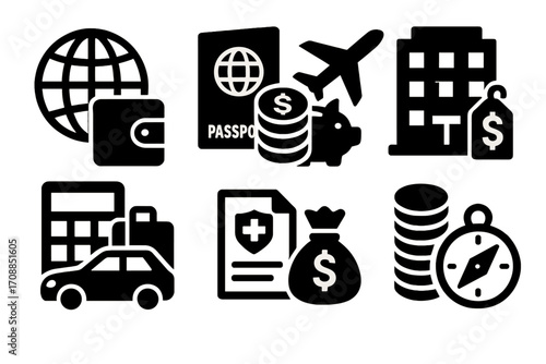 Travel and finance silhouette icon set. featuring globe, wallet, passport, plane, money, hotel, and car symbols