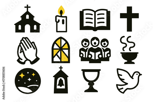 Religious symbols silhouette icon set. featuring church, candle, bible, cross, prayer, and communion icons