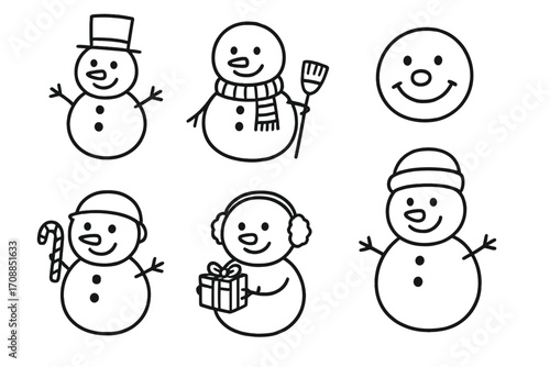 Winter holiday linear icon set. featuring snowman, candy cane, gift, shovel, hat, scarf, ear muffs