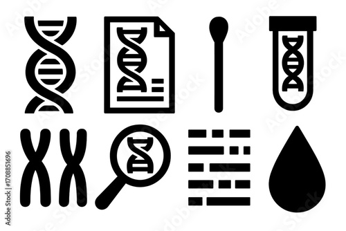Genetic research silhouette icon set. featuring dna, chromosome, document, swab, test tube, magnifying glass, and droplet symbols
