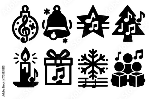 Holiday music silhouette icon set. featuring bell, star, tree, candle, gift, snowflake, and choir symbols
