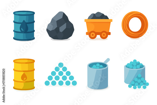 Mining materials flat icon set. featuring barrel, coal, cart, hose, gas, pile, container symbols