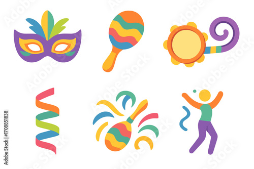 Carnival celebration flat icon set. featuring mask, maraca, tambourine, streamer, dance symbols
