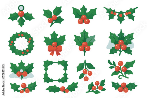 Christmas holly flat icon set. featuring mistletoe, wreath, holly, berries, and leaves designs