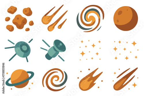 Outer space flat icons set. featuring asteroid, meteor, galaxy, moon, satellite, stars, planet symbols