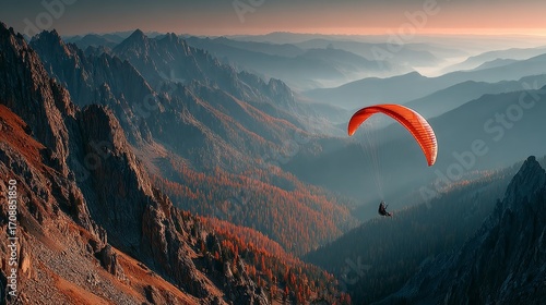 A paraglider gliding over the peaks of the mounts.