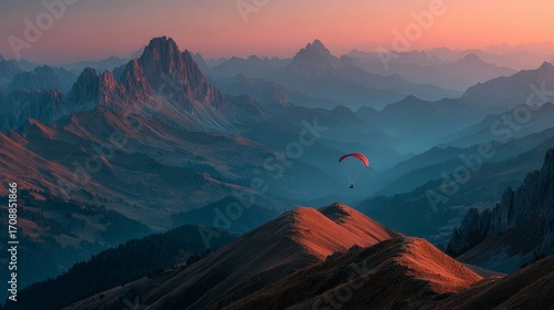A paraglider gliding over the peaks of the mounts.