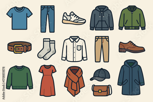 Fashion apparel flat icon set. featuring t-shirt, jeans, sneakers, hoodie, jacket, belt, socks, shirt, trousers, shoes, dress, scarf, cap, coat, purse