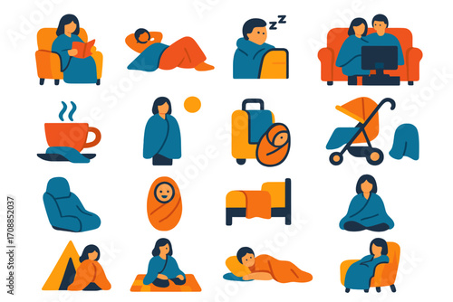 Parenting activities flat icon set. featuring reading, sleeping, tea, stroller, camping, and family tv time symbols