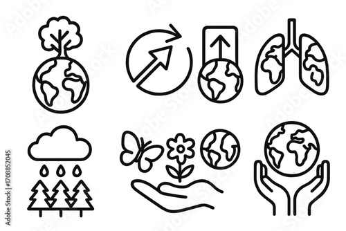 Environment conservation linear icon set. featuring tree, globe, recycle, lungs, cloud, butterfly, plant, and hands.