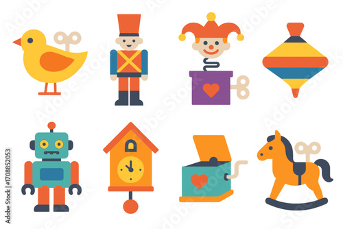 Vintage toys flat icon set. featuring duck, soldier, clown, spinning top, robot, clock, jack-in-the-box, horse