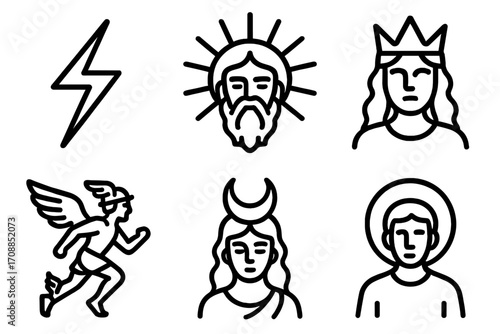 Mythology linear icon set. featuring zeus, hera, hermes, artemis, apollo, poseidon symbols