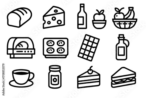 Food and drink linear icon set. featuring bread, cheese, wine, fruit bowl, chocolate, coffee, oil, and cake symbols