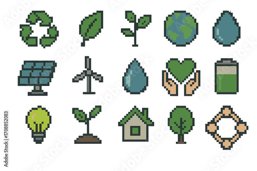 Ecology and sustainability pixel icon set. featuring recycle, leaf, plant, globe, water, and solar symbols