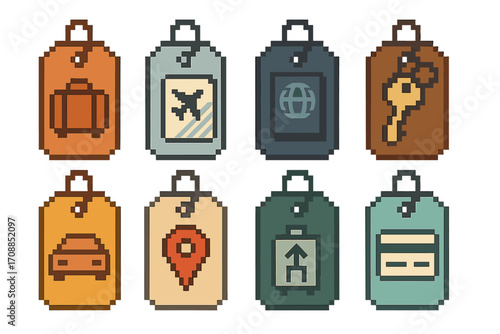 Travel essentials flat icon set. featuring luggage, flight, passport, key, car, location, elevator, and card symbols