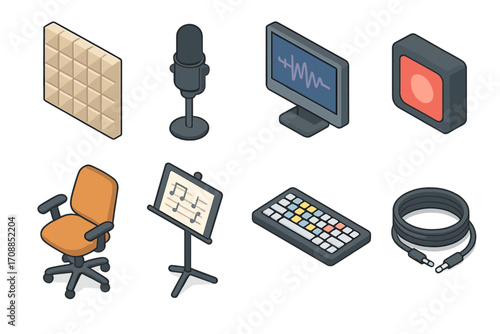 Music production flat icons set. featuring acoustic panel, microphone, monitor, record button, and more
