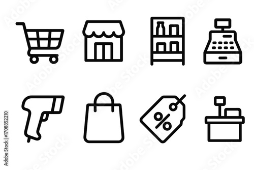 Shopping and retail linear icon set. featuring cart, store, shelves, register, barcode scanner, bag, discount tag, counter