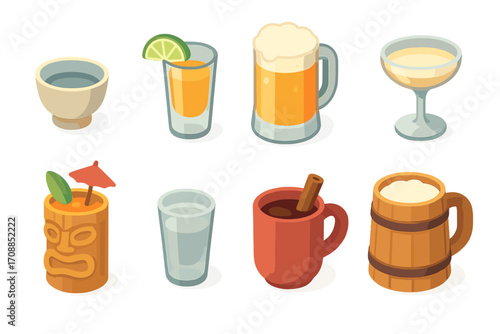 Beverage flat icon set. featuring coffee, cocktail, beer, champagne, tiki, shot, mulled wine, barrel icons