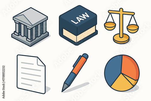 Legal and finance flat icon set. featuring courthouse, book, scales, document, pen, and chart.