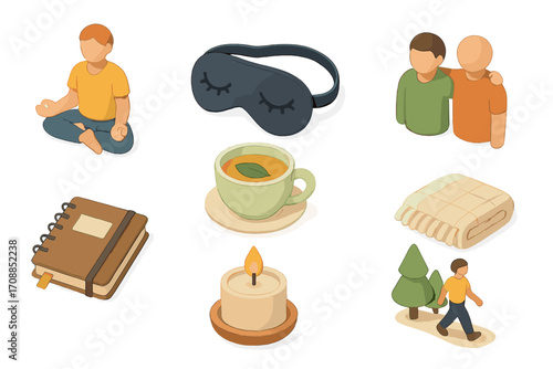 Wellness relaxation flat icons set. featuring meditation, sleep mask, friendship, tea, journal, candle, blanket, walk, nature