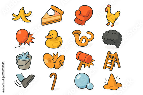 Comedy props flat icon set. featuring pie, rubber duck, balloon, ladder, and whoopee cushion symbols