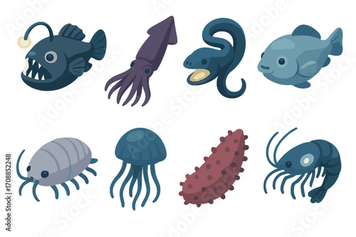 Deep sea creatures flat icon set. featuring anglerfish, squid, eel, fish, isopod, jellyfish, sea cucumber, shrimp