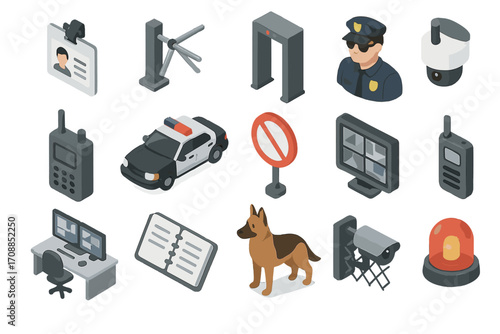 Security and surveillance isometric icon set. featuring id badge, barrier, metal detector, officer, camera, radio, patrol car, dog, traffic sign, monitors, handbook, cctv, alarm
