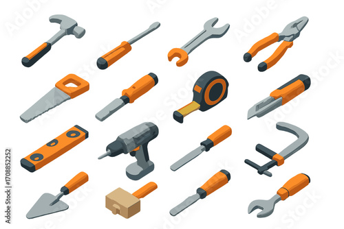 Construction tools flat icon set. featuring hammer, screwdriver, wrench, pliers, saw, drill, and tape measure