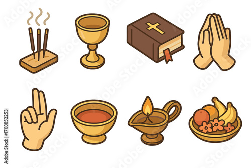 Religious symbols flat icon set. featuring incense, chalice, bible, prayer hands, blessing, oil lamp, and offering