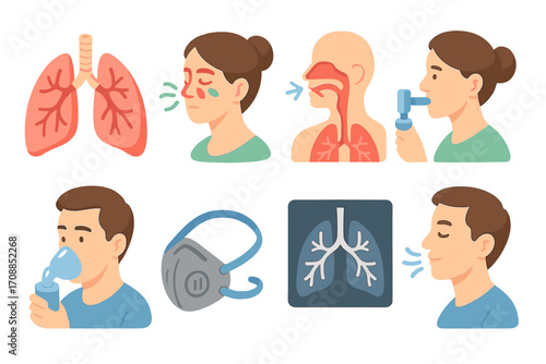 Medical and health flat icon set. featuring lungs, respiratory, mask, asthma, nebulizer, and inhalation symbols.