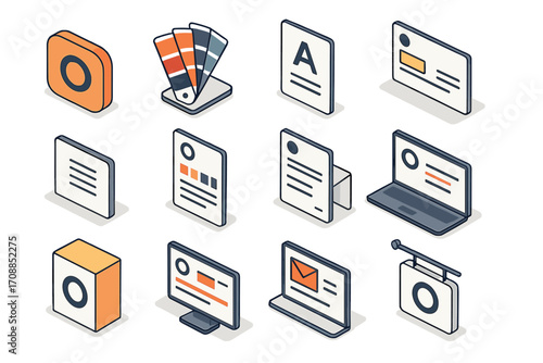 Office document isometric icon set. featuring laptop, email, business card, monitor, brochure, flyer, and billboard.