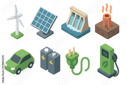 Renewable energy flat icon set. featuring wind turbine, solar panel, hydroelectric dam, geothermal, electric car, battery, plug, charging station