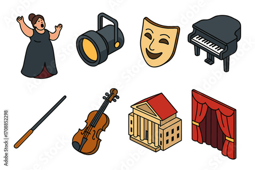 Opera elements flat icon set. featuring performer, spotlight, mask, piano, baton, violin, theater, curtains