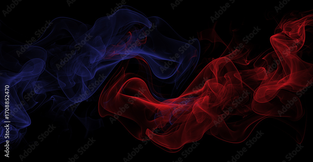 Obraz premium Abstract waves of red and blue smoke intertwine elegantly on a stark black background.