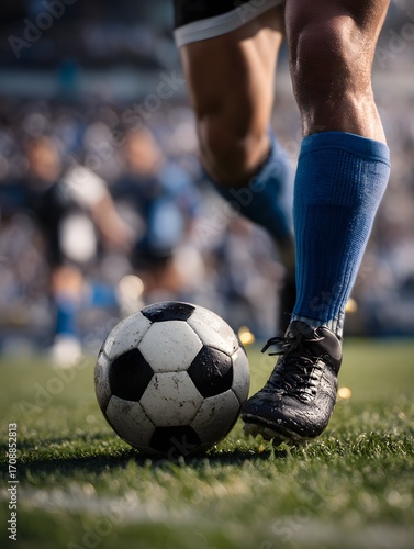Dynamic football action shot capturing player's foot about to strike ball on grassy field