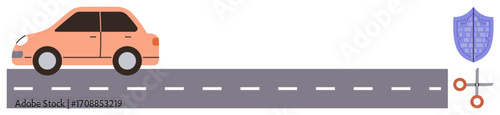 Orange car driving on a straight road toward a blue shield and scissors. Ideal for car insurance, financial planning, risk management, cost reduction, transport safety, saving strategy, simple flat