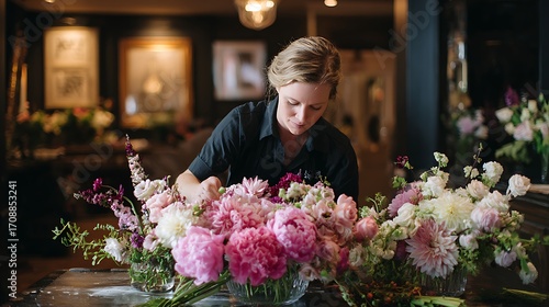 Woman florist creating flower arrangement beautiful pink and white blooms floral design shop professional service