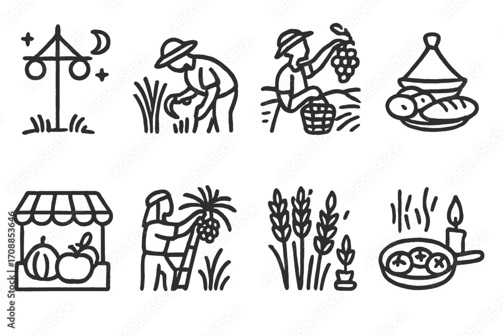 Fototapeta premium Linear icons depicting farming and harvest with farmers and crops